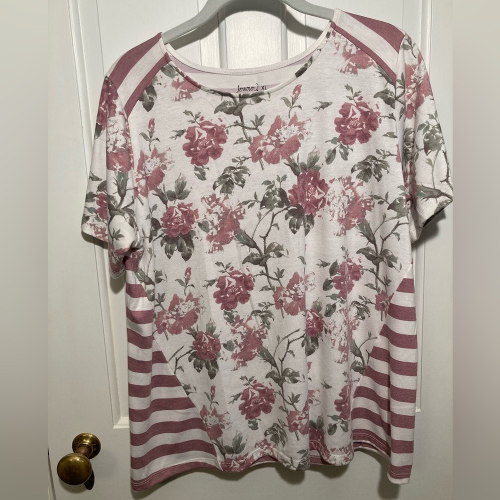 Fervour Womens XL T Tee Shirt Short Sleeve Pink White Floral Stripes